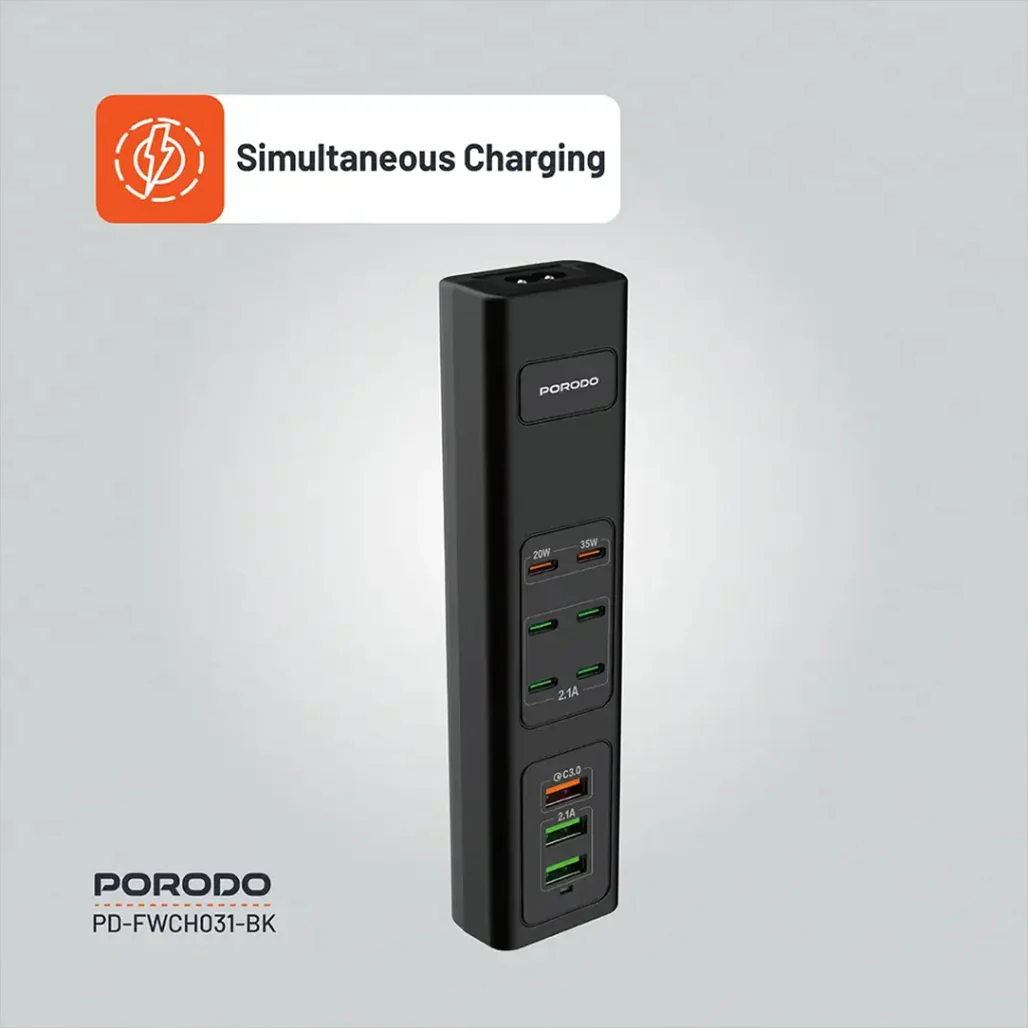 Porodo 85W Multi-Port USB Charging Hub - Fast Charging with 9 Ports, UK Plug, and 2M Cable - Image 4