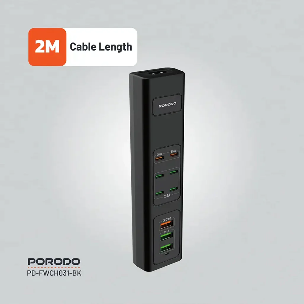 Porodo 85W Multi-Port USB Charging Hub - Fast Charging with 9 Ports, UK Plug, and 2M Cable - Image 6