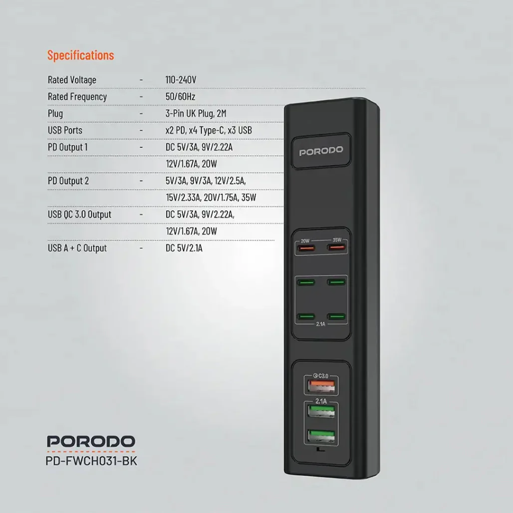 Porodo 85W Multi-Port USB Charging Hub - Fast Charging with 9 Ports, UK Plug, and 2M Cable - Image 8