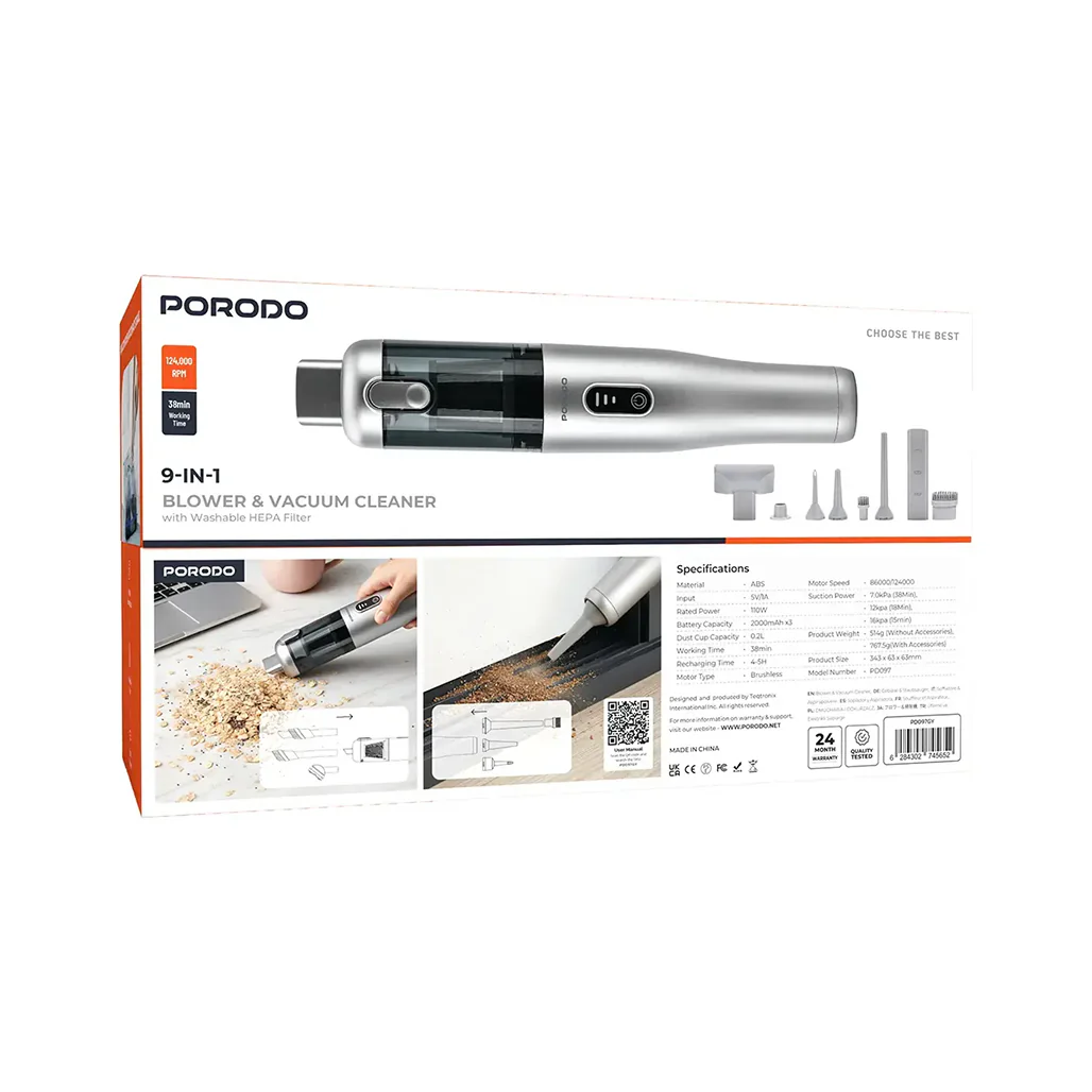Porodo 9-In-1 Blower & Vacuum Cleaner with Washable HEPA Filter - Image 7