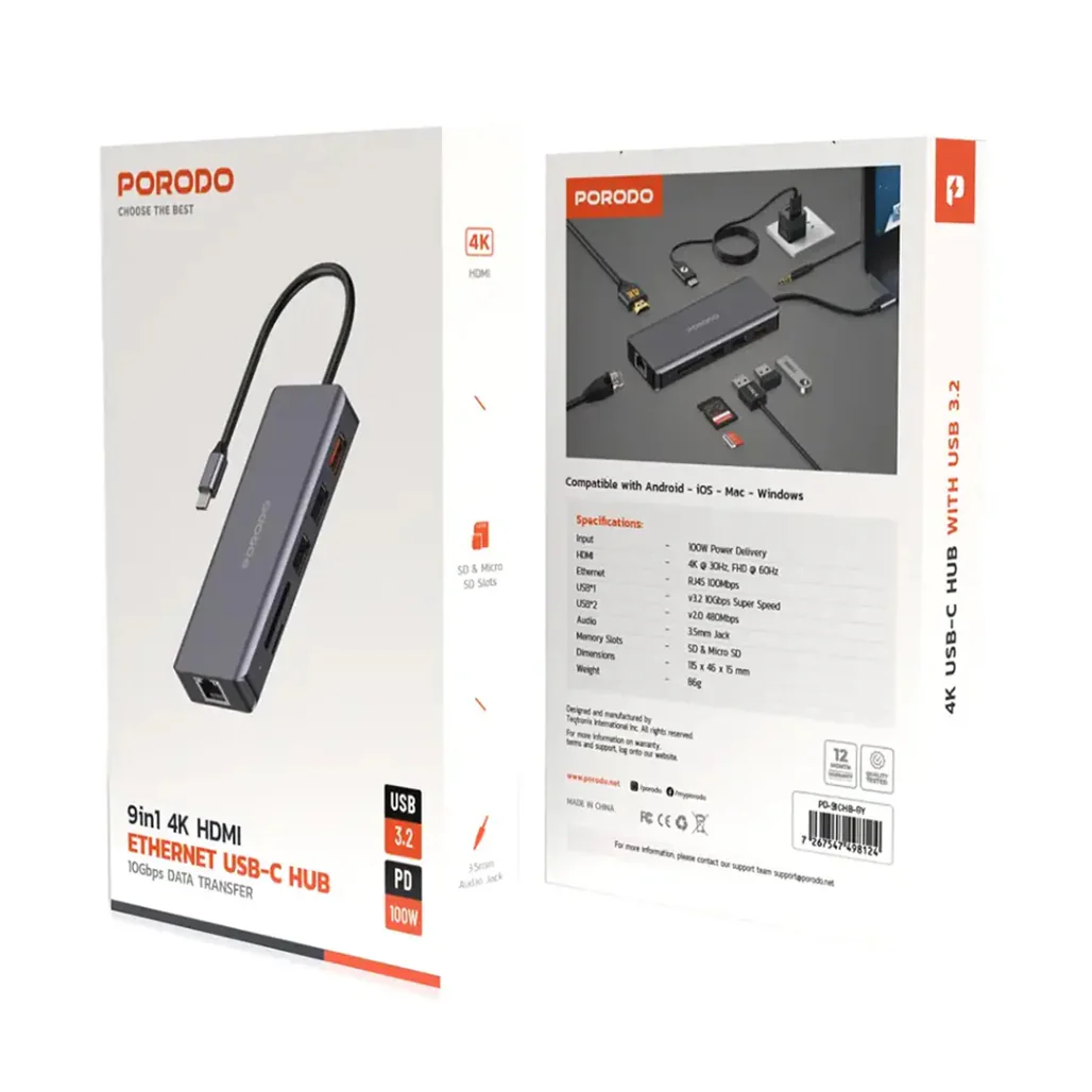 Porodo 9-in-1 USB-C Hub with 100W PD, 4K HDMI, Ethernet, SD Card, USB 3.2, and 3.5mm Aux - Gray - Image 2