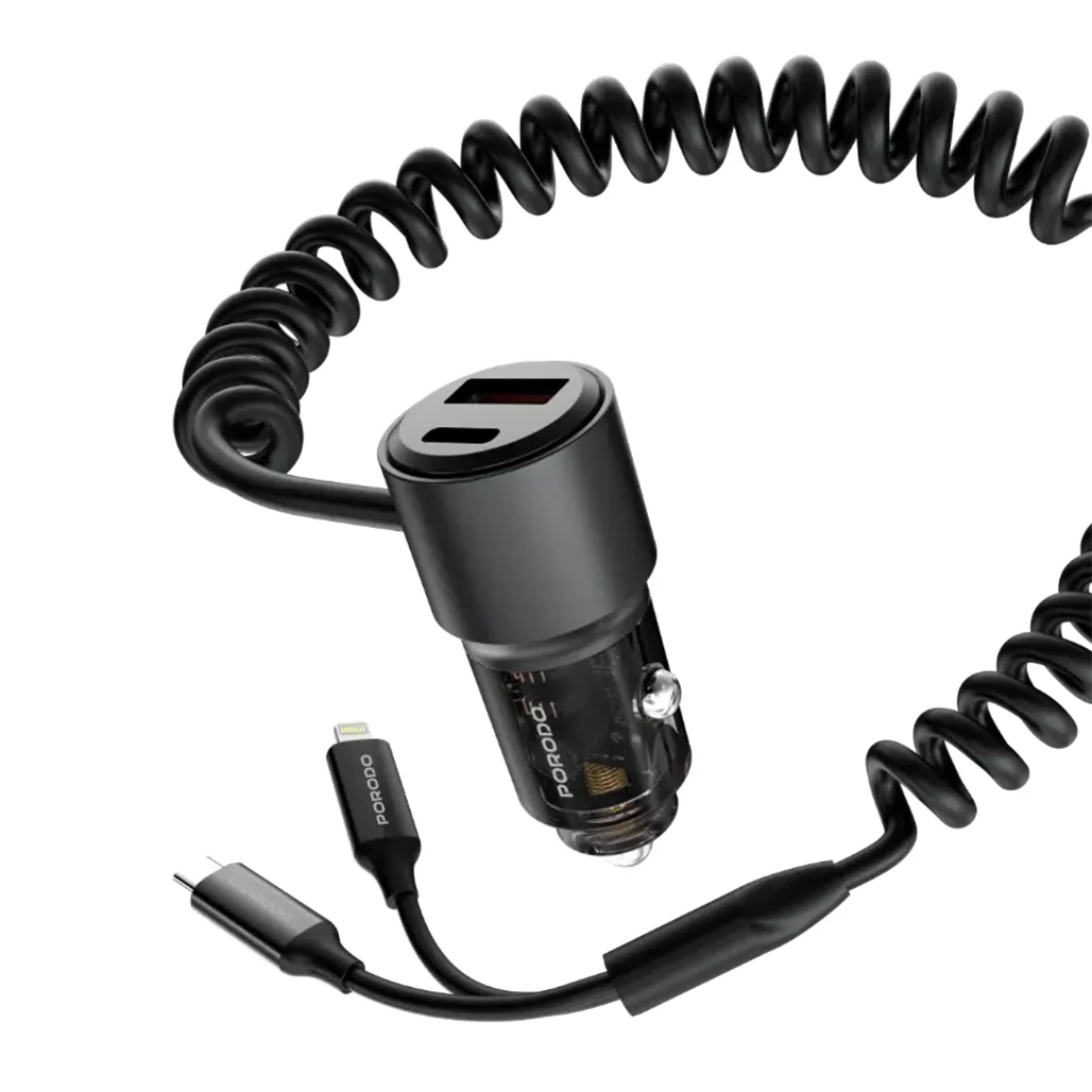 Porodo 95W High-Speed Multi-Device Car Charger - Black with USB-C, USB-A, Built-in Cables, and Lightning Compatibility