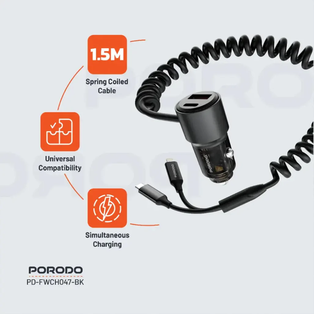 Porodo 95W High-Speed Multi-Device Car Charger - Black with USB-C, USB-A, Built-in Cables, and Lightning Compatibility - Image 2