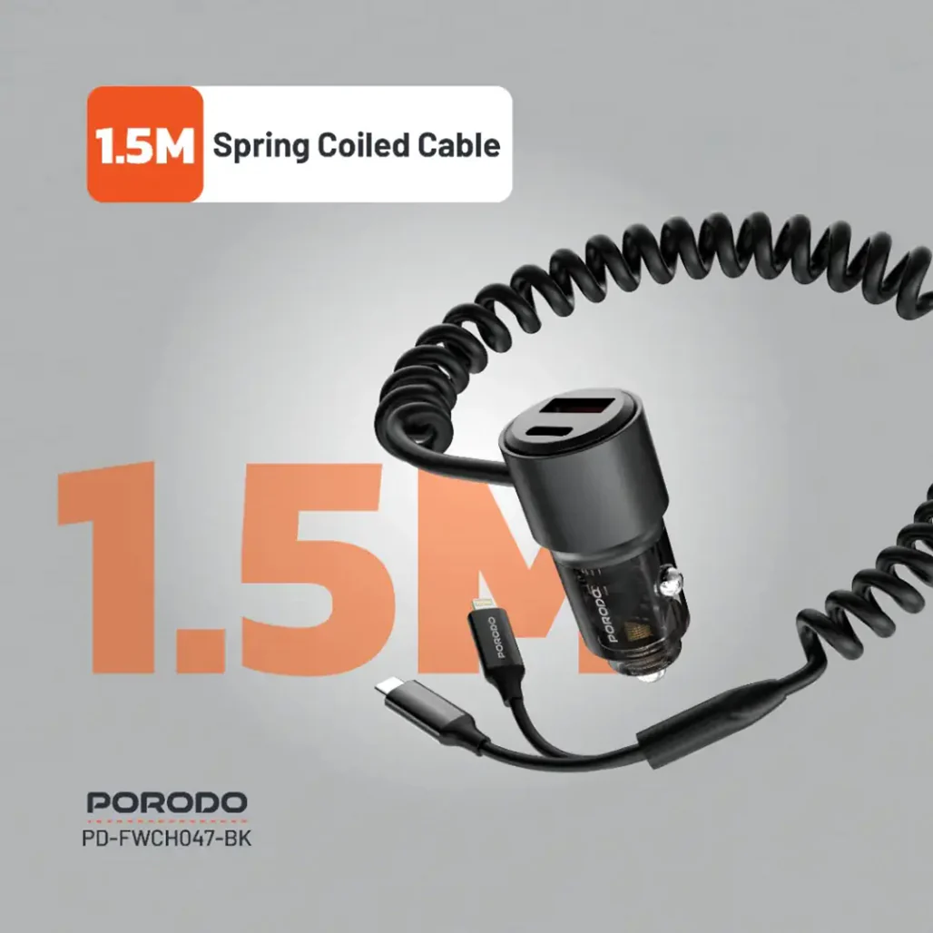Porodo 95W High-Speed Multi-Device Car Charger - Black with USB-C, USB-A, Built-in Cables, and Lightning Compatibility - Image 3
