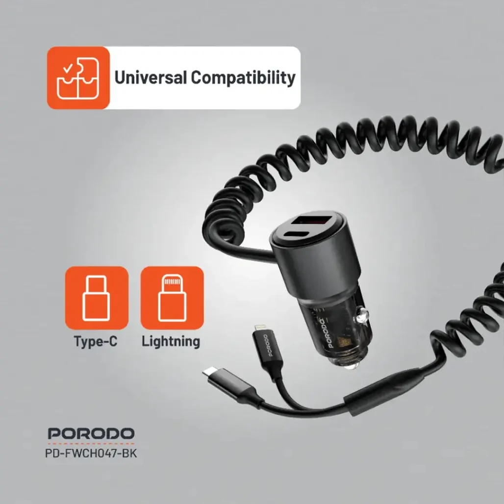 Porodo 95W High-Speed Multi-Device Car Charger - Black with USB-C, USB-A, Built-in Cables, and Lightning Compatibility - Image 4