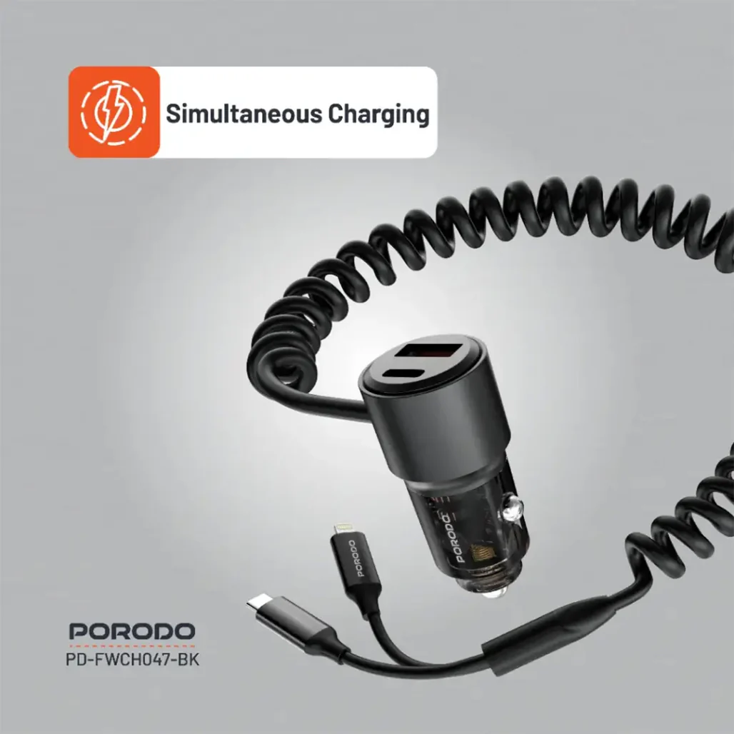 Porodo 95W High-Speed Multi-Device Car Charger - Black with USB-C, USB-A, Built-in Cables, and Lightning Compatibility - Image 5