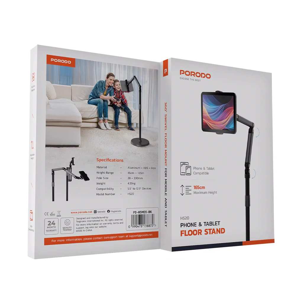 Porodo Adjustable Floor Stand for Phones & Tablets, 45cm–165cm Height, 360° Rotation, 5.5"–12.9" Device Compatibility – Black - Image 10