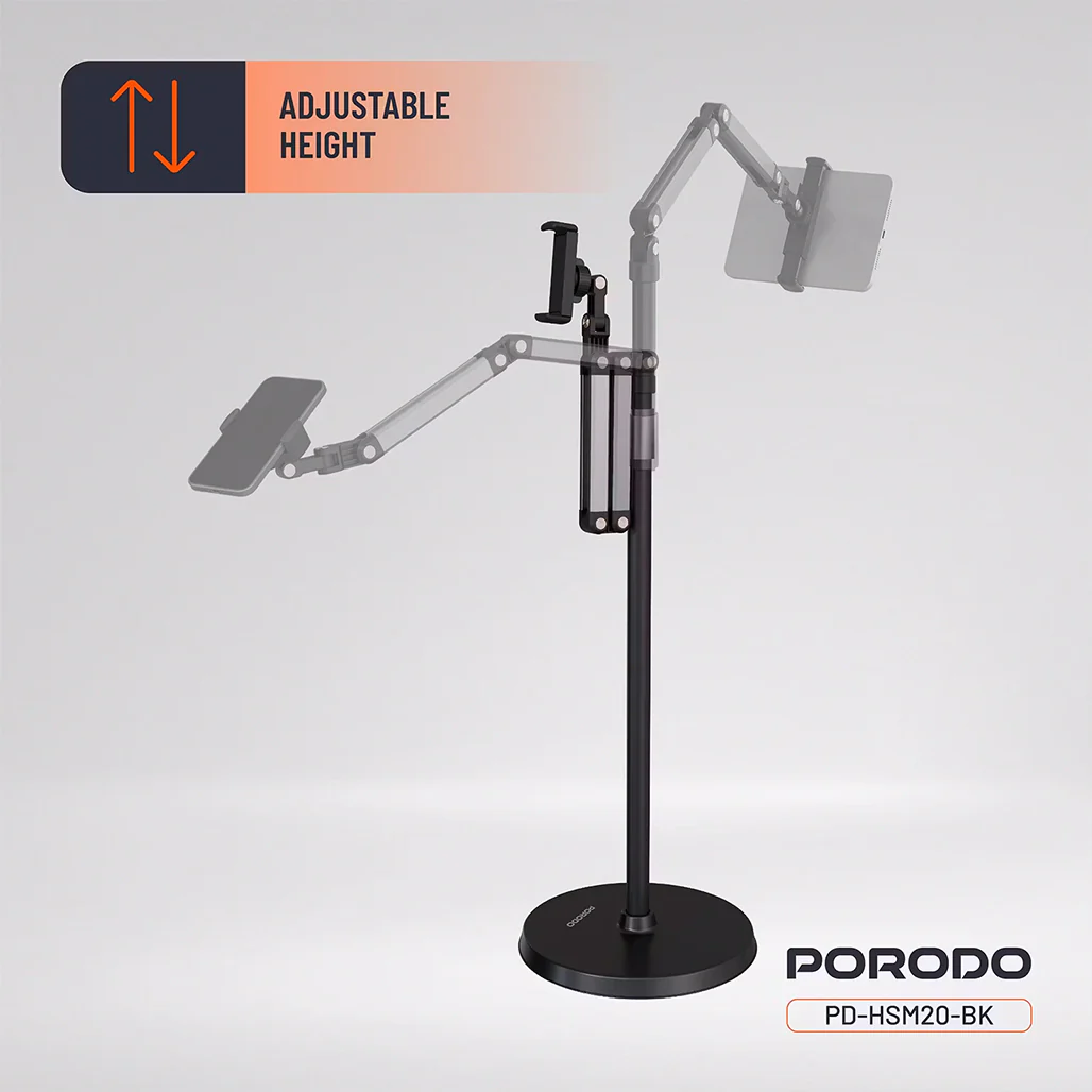 Porodo Adjustable Floor Stand for Phones & Tablets, 45cm–165cm Height, 360° Rotation, 5.5"–12.9" Device Compatibility – Black - Image 3