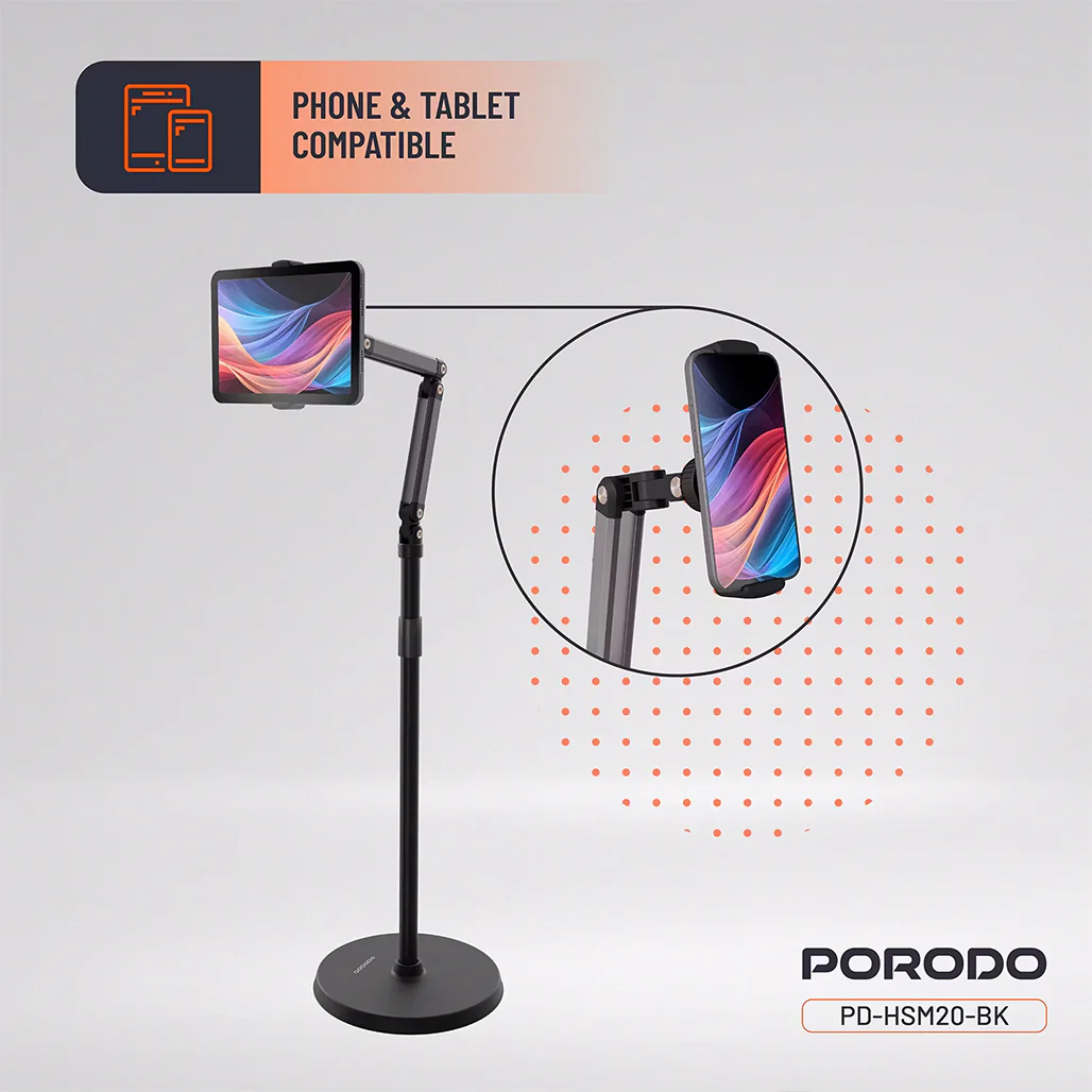 Porodo Adjustable Floor Stand for Phones & Tablets, 45cm–165cm Height, 360° Rotation, 5.5"–12.9" Device Compatibility – Black - Image 4