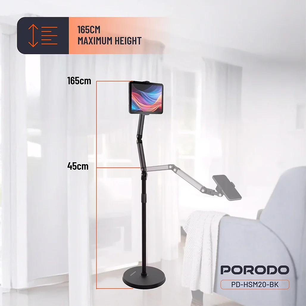 Porodo Adjustable Floor Stand for Phones & Tablets, 45cm–165cm Height, 360° Rotation, 5.5"–12.9" Device Compatibility – Black - Image 5