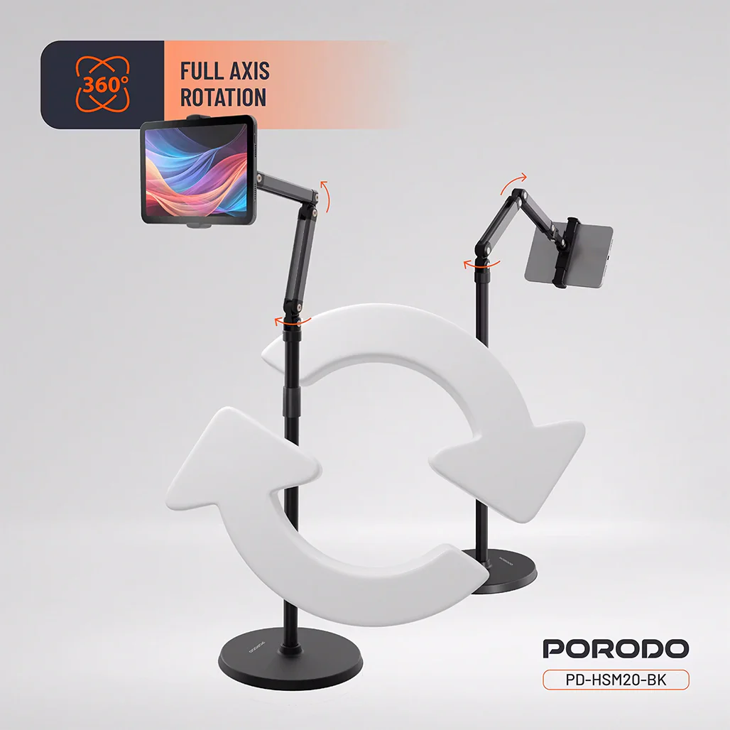 Porodo Adjustable Floor Stand for Phones & Tablets, 45cm–165cm Height, 360° Rotation, 5.5"–12.9" Device Compatibility – Black - Image 6