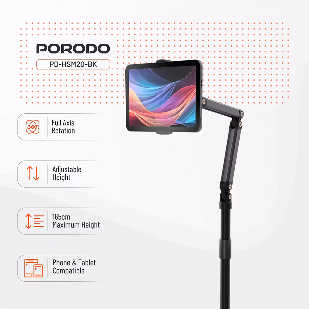 Porodo Adjustable Floor Stand for Phones & Tablets, 45cm–165cm Height, 360° Rotation, 5.5"–12.9" Device Compatibility – Black - Image 8