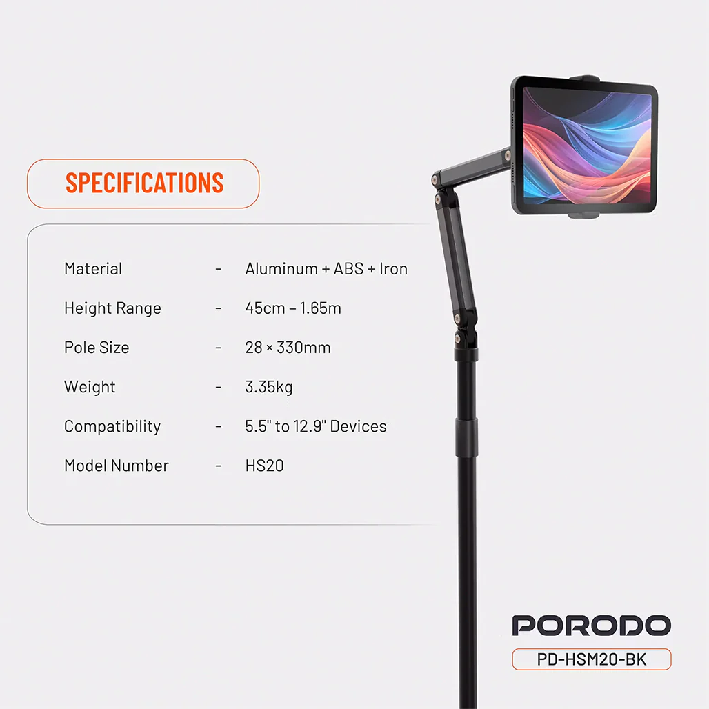 Porodo Adjustable Floor Stand for Phones & Tablets, 45cm–165cm Height, 360° Rotation, 5.5"–12.9" Device Compatibility – Black - Image 9