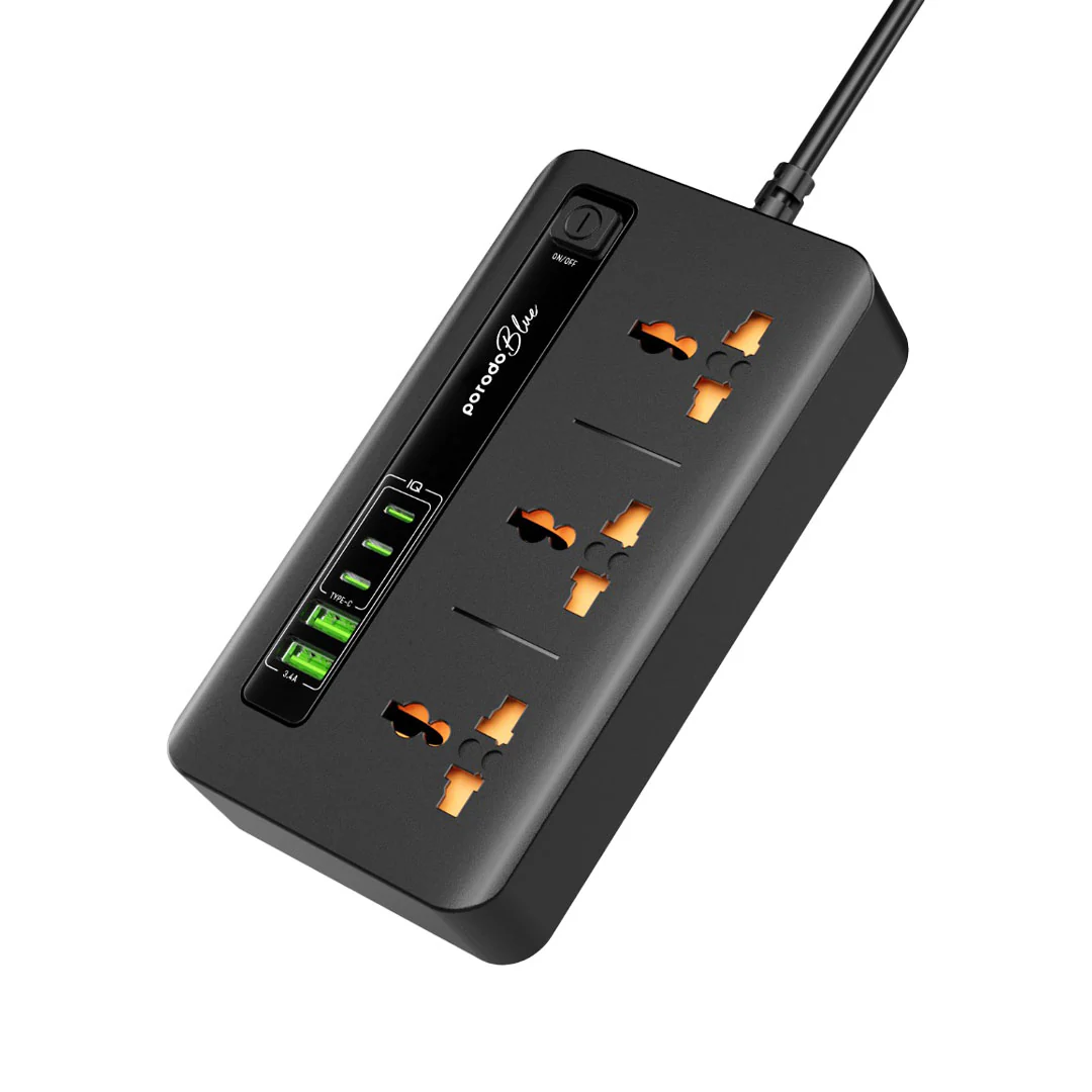 Porodo Blue 3 AC Power Socket with 2× USB-A & 3× Type-C (2M, 3000W) – PB-3ACC2CM-BK