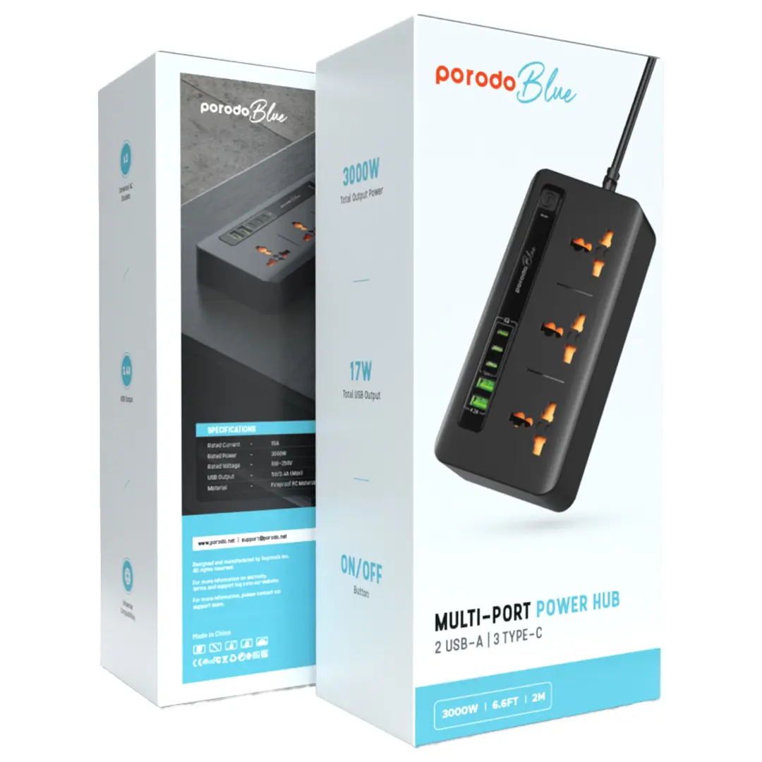 Porodo Blue 3 AC Power Socket with 2× USB-A & 3× Type-C (2M, 3000W) – PB-3ACC2CM-BK - Image 2
