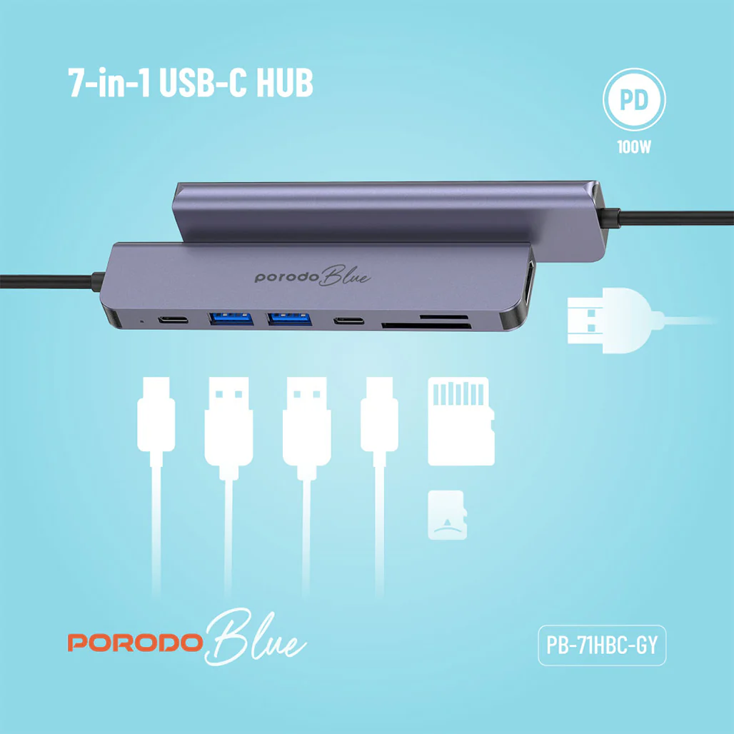 Porodo Blue 7-in-1 USB-C Hub with HDMI, Dual USB-A & USB-C, SD & MicroSD Card Readers - Image 6