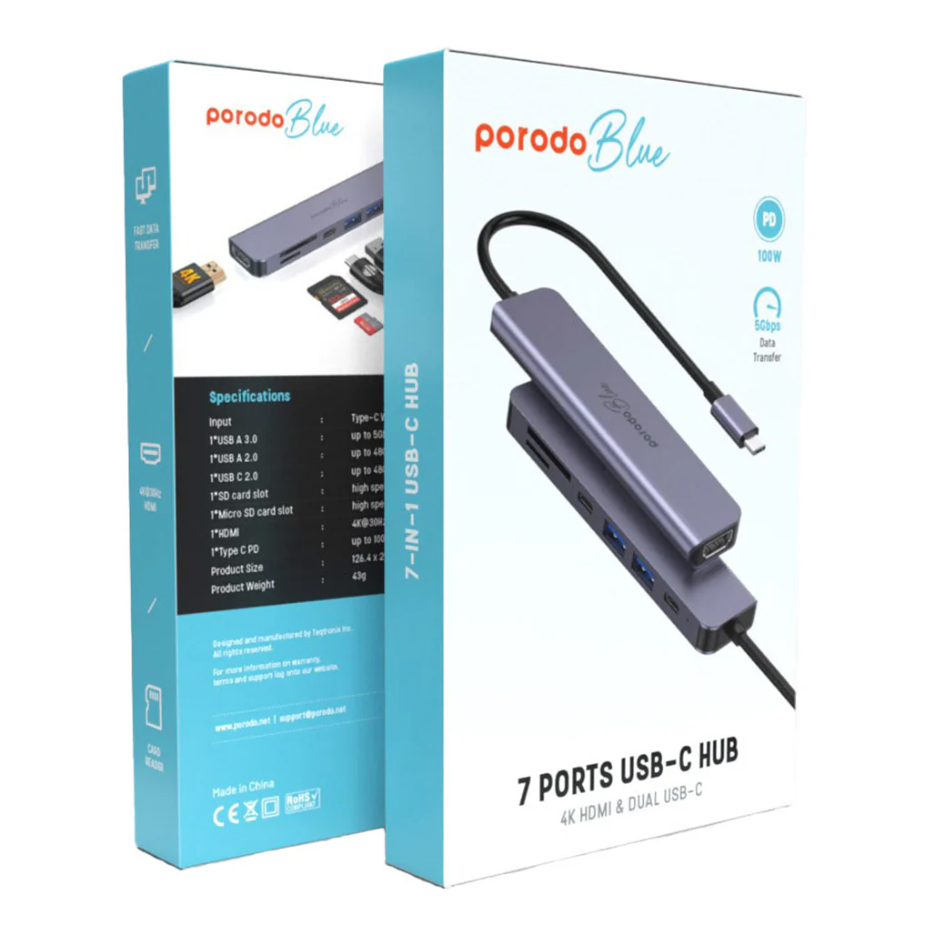 Porodo Blue 7-in-1 USB-C Hub with HDMI, Dual USB-A & USB-C, SD & MicroSD Card Readers - Image 8