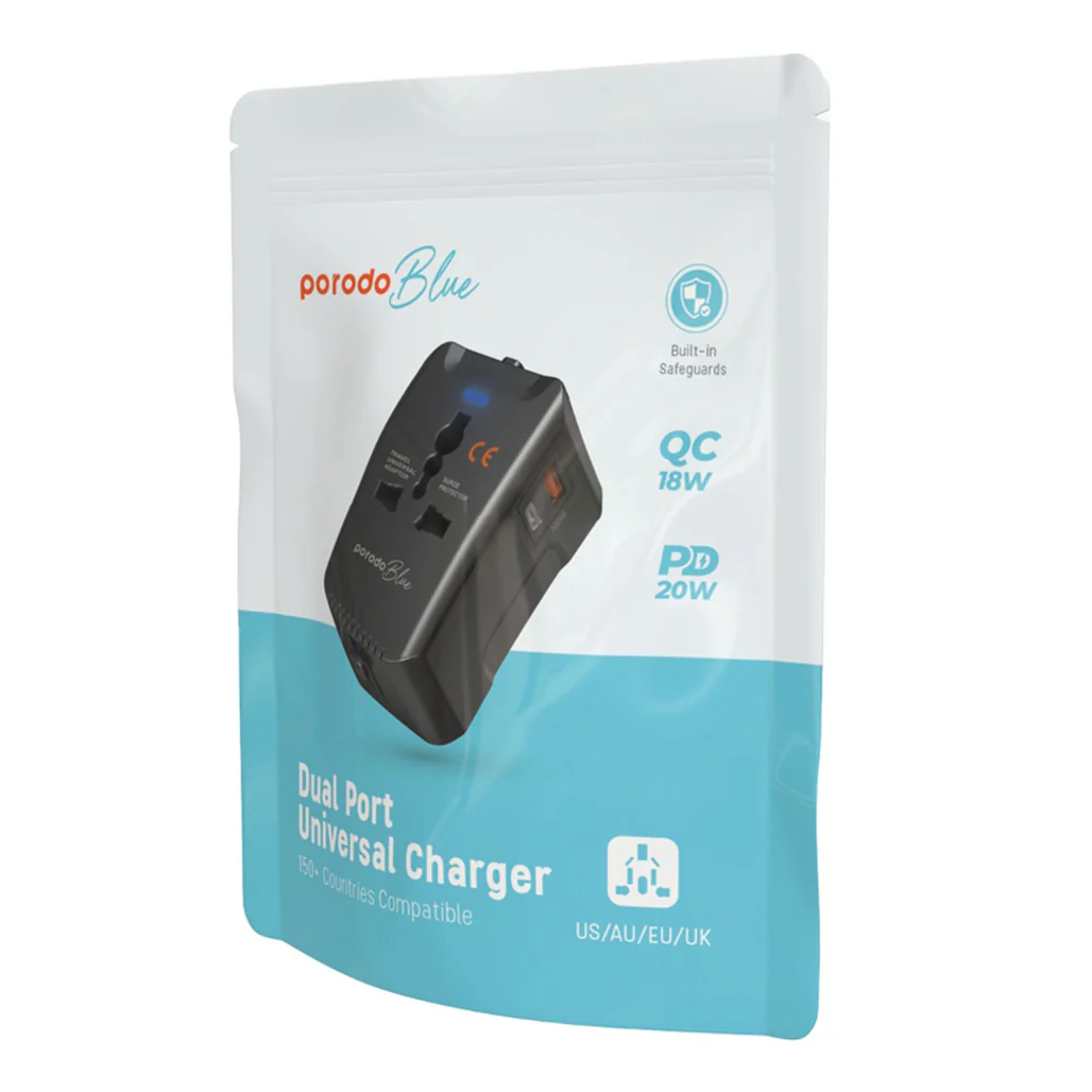 Porodo Blue Dual Port Universal Charger - 20W PD & 18W QC - Black - Image 3