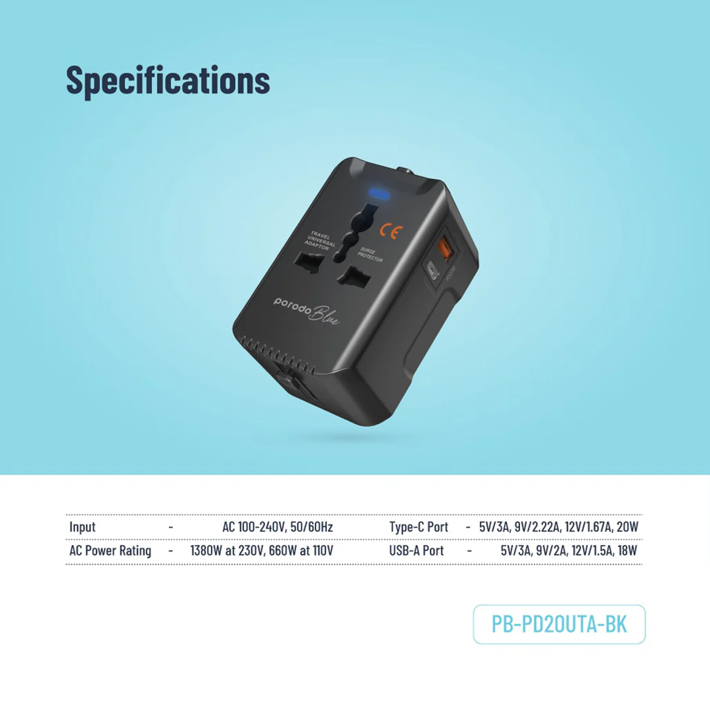Porodo Blue Dual Port Universal Charger - 20W PD & 18W QC - Black - Image 4
