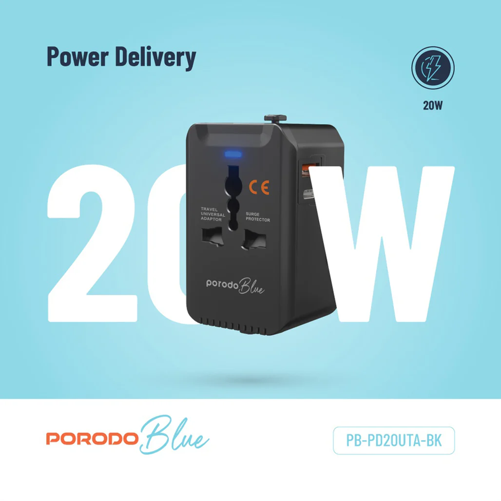 Porodo Blue Dual Port Universal Charger - 20W PD & 18W QC - Black - Image 5