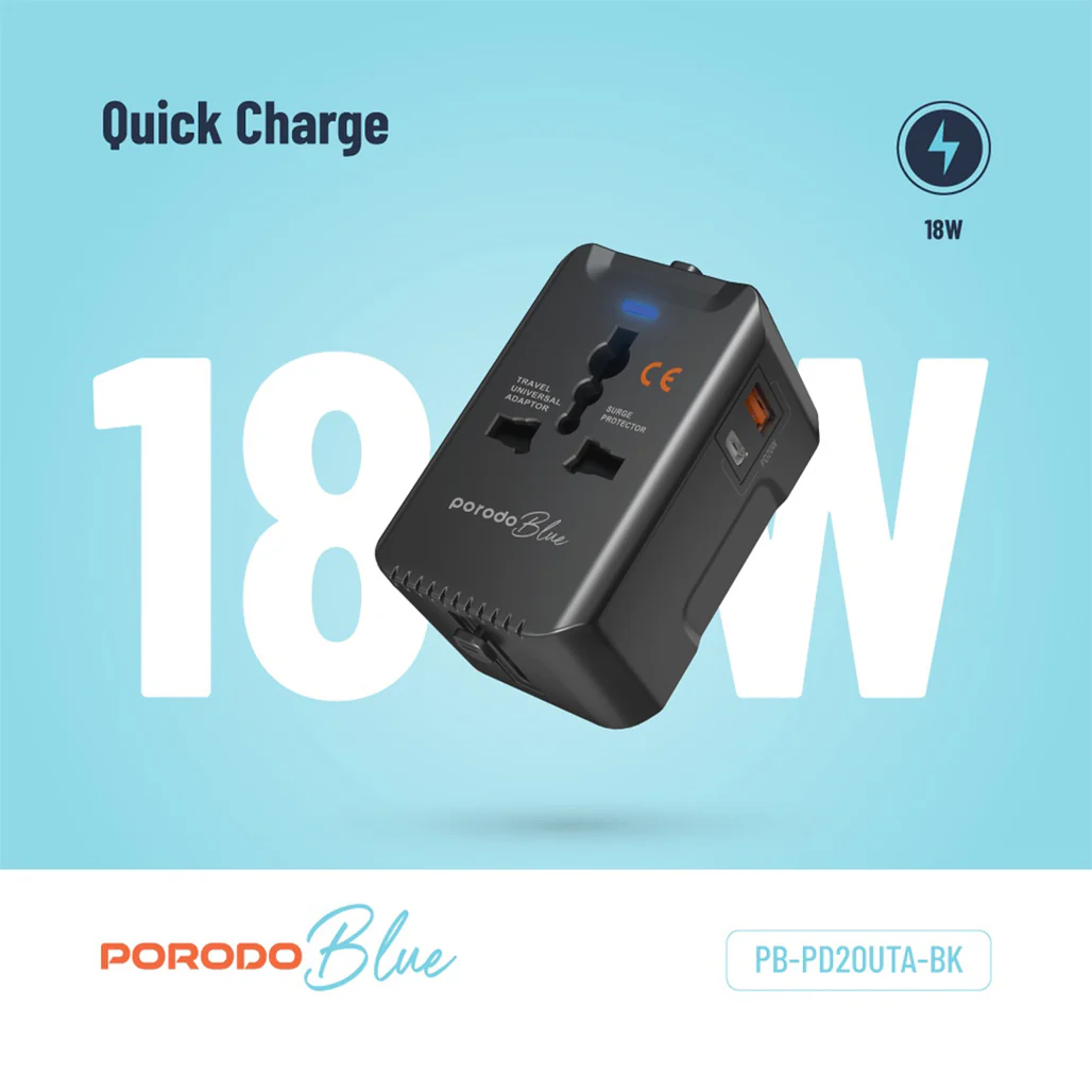 Porodo Blue Dual Port Universal Charger - 20W PD & 18W QC - Black - Image 8