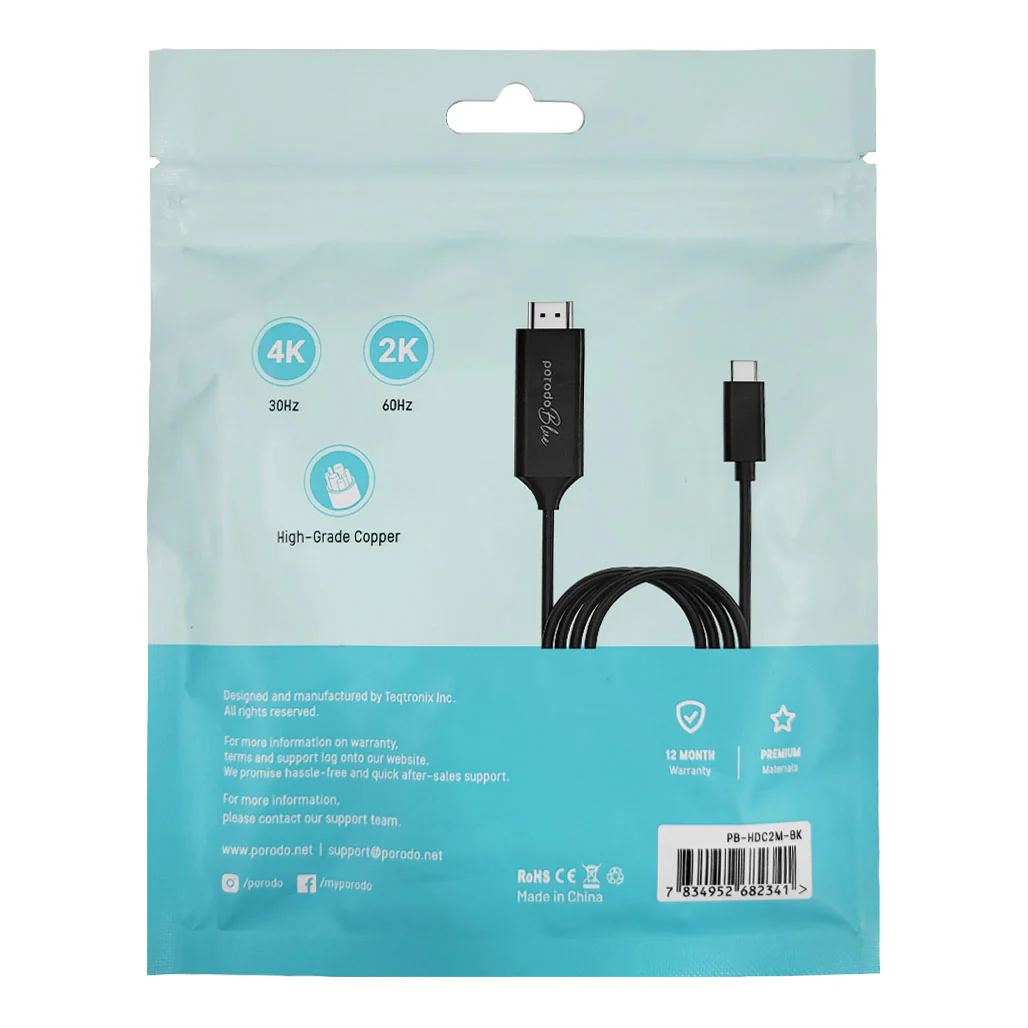 Porodo Blue PB-HDC2M-BK Type-C to HDMI Ultra HD 4K 2m - Image 2