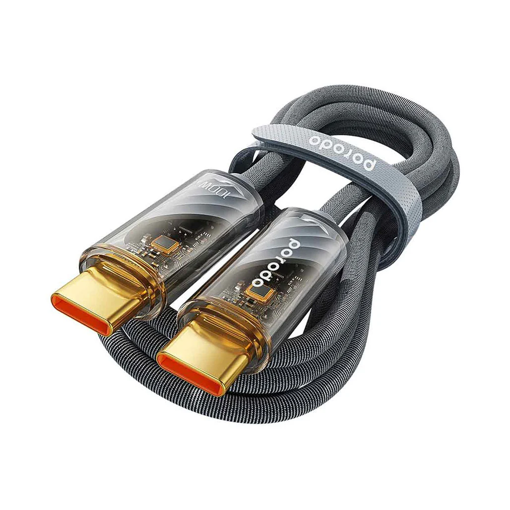 Porodo Braided 100W PD C to C Cable With Transparent Head 1M - Grey