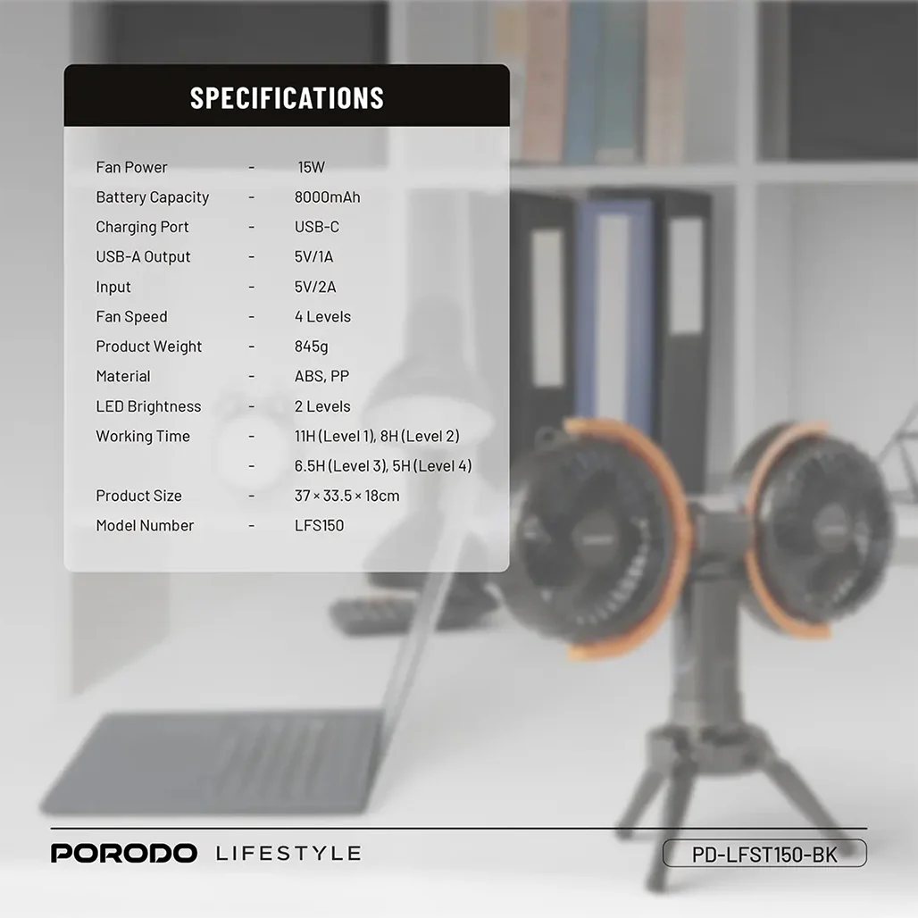 Porodo Dual-Head Oscillating Fan – Rechargeable 8000mAh Battery, 4 Speed Settings, USB-C – Black - Image 10
