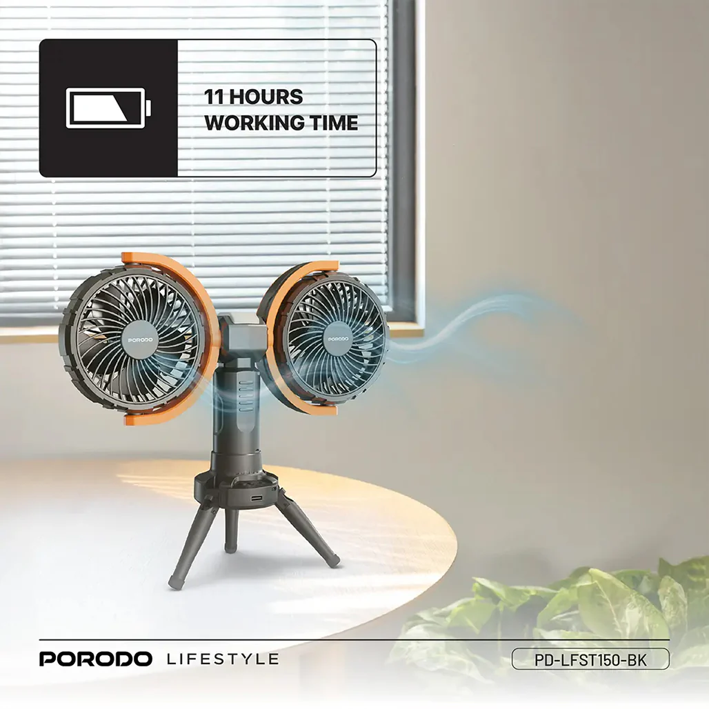Porodo Dual-Head Oscillating Fan – Rechargeable 8000mAh Battery, 4 Speed Settings, USB-C – Black - Image 2