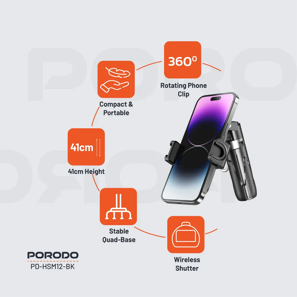 Porodo Foldable Selfie Stick with Extendable Tripod - Compact, Durable, and Wireless for Perfect Shots - Image 8