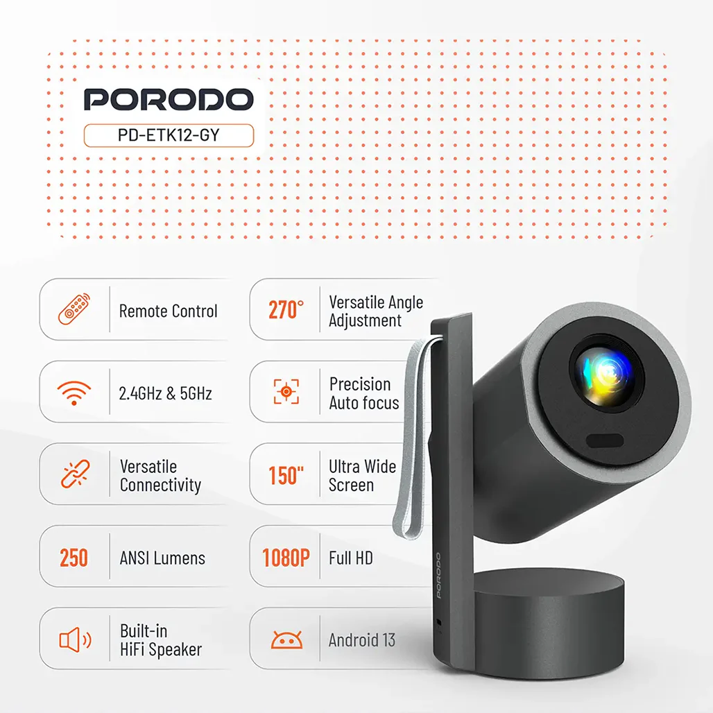 Porodo Full HD Smart Projector - Gray - Image 6