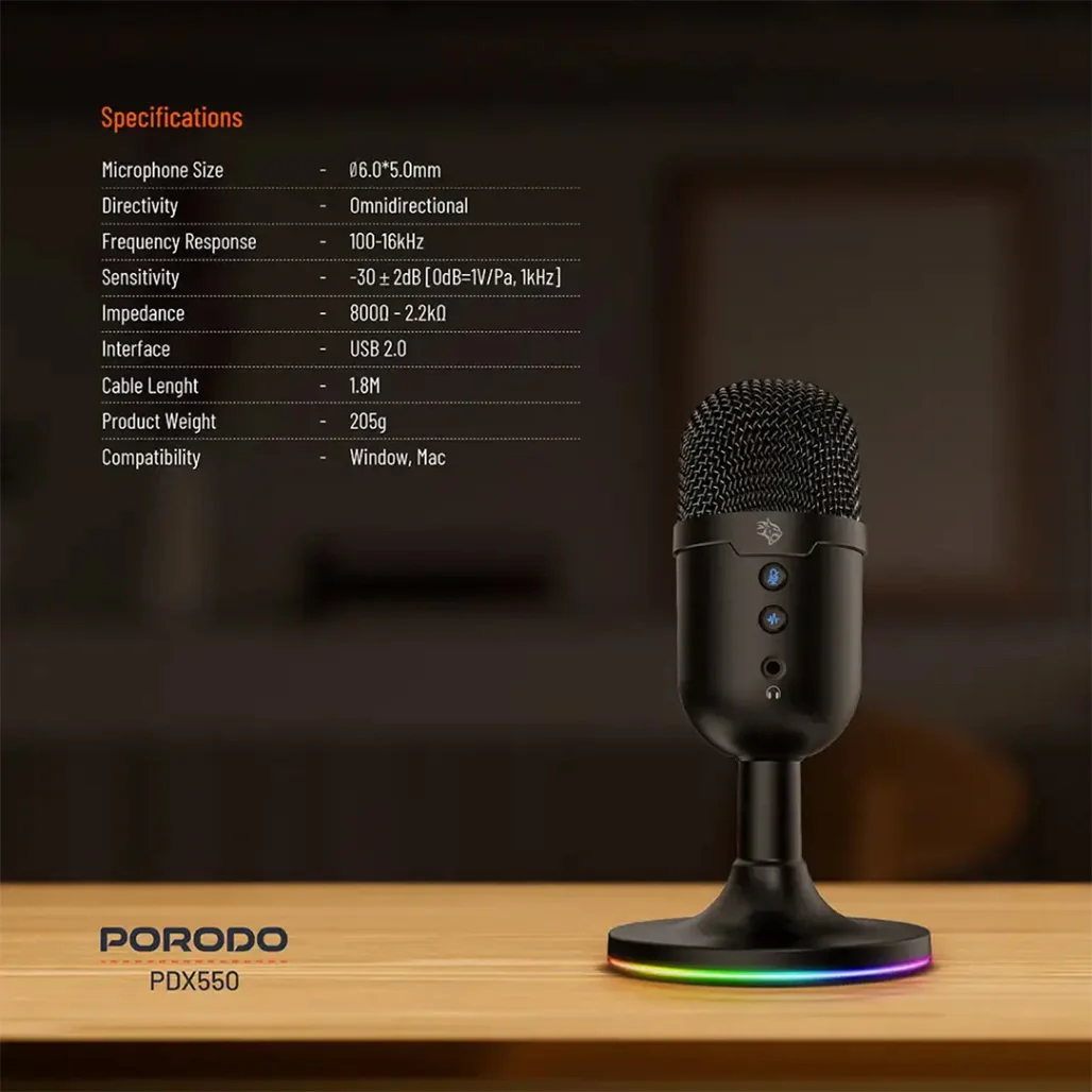 Porodo Gaming Omni-Directional USB Microphone - Black - Image 6