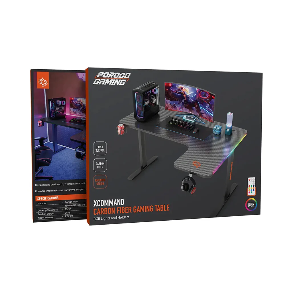 Porodo Gaming Xcommand Carbon Fiber Gaming Table with RGB Lights & Holders - Black - PDX122BK - Image 4