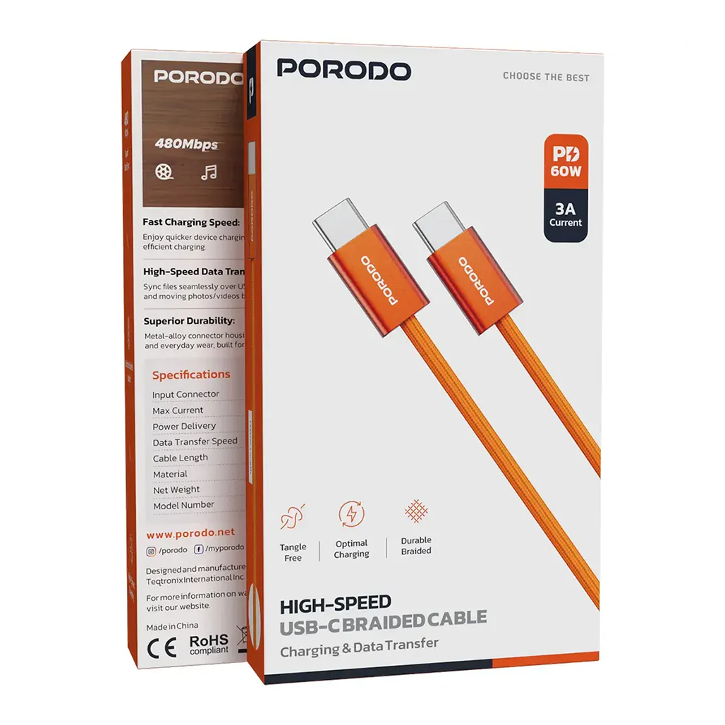 Porodo High-Speed USB-C Braided Cable Charging & Data Transfer - Orange - Image 5