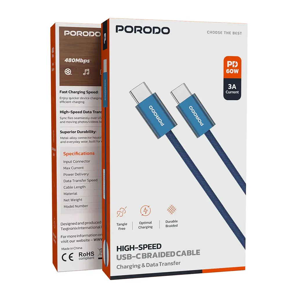 Porodo High-Speed USB-C Braided Cable Charging & Data Transfer - Orange - Image 9