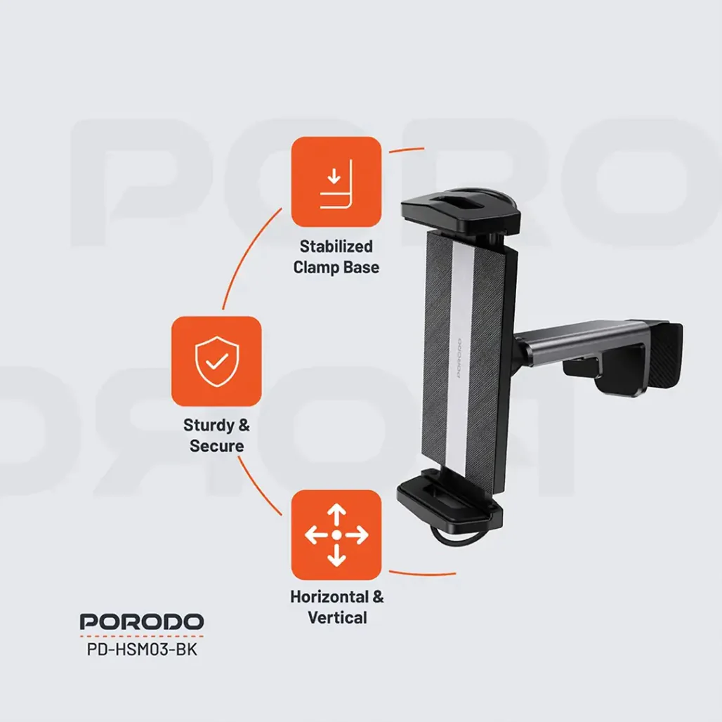 Porodo HS03 Universal Adjustable Tablet & Phone Mount – Secure and Versatile Holder for Devices 4.7"-12.9" – Black - Image 2