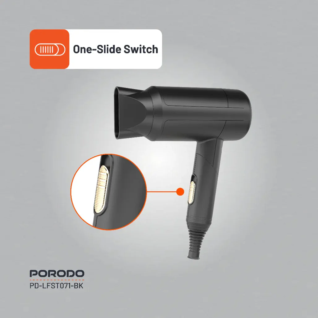 Porodo Lifestyle 1200W Foldable Hair Dryer 1.8M Cable - Black - Image 4