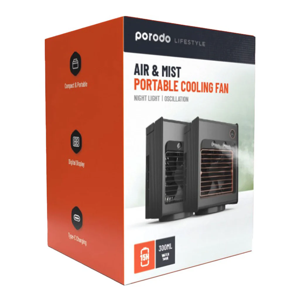 Porodo Lifestyle Air & Mist Portable Cooling Fan with Night Light, 4000mAh Battery, Type-C Charging, Dual Mist Outlet - Image 4