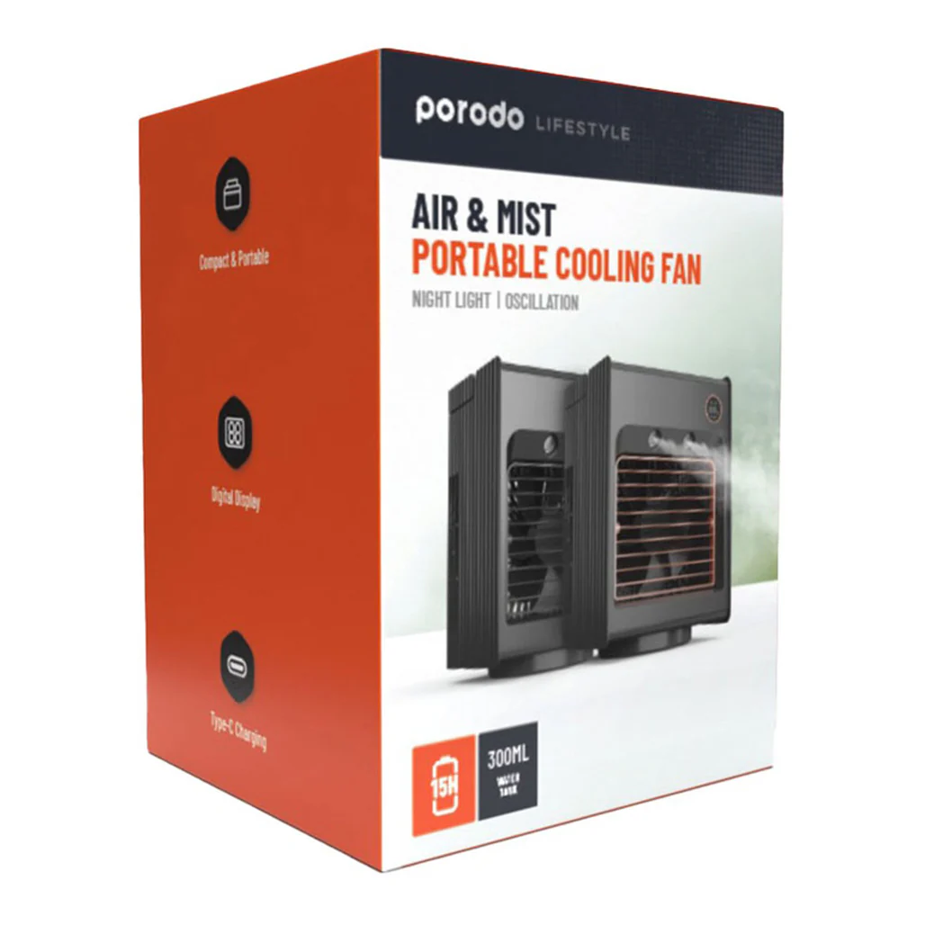 Porodo Lifestyle Air & Mist Portable Cooling Fan with Night Light, 4000mAh Battery, Type-C Charging, Dual Mist Outlet - Image 7