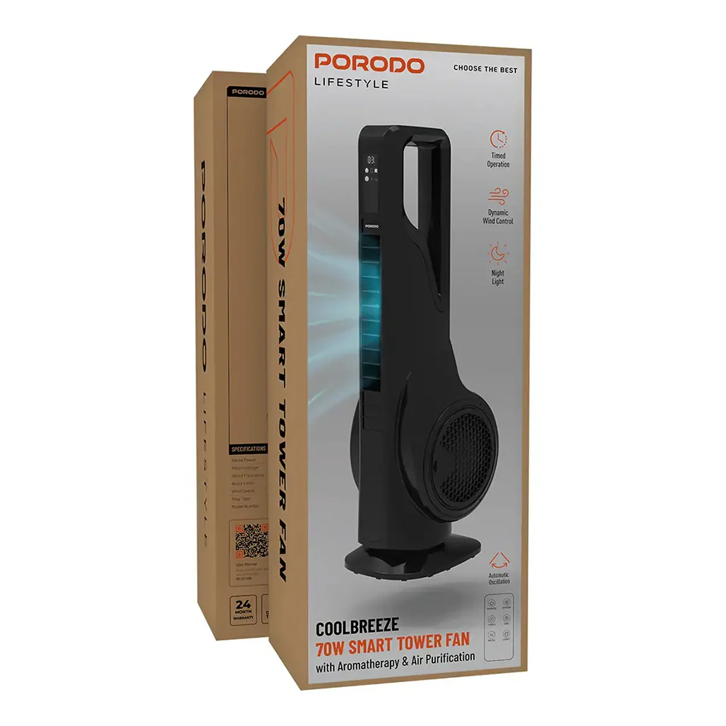 Porodo Lifestyle Coolbreeze 70W Smart Tower Fan with Aromatherapy & Air Purification - Image 3