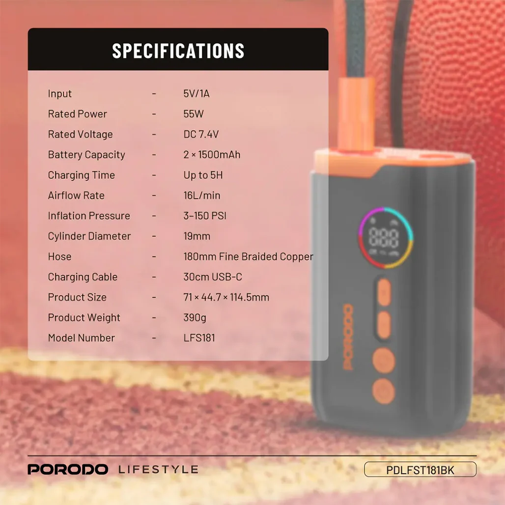 Porodo Lifestyle Electric Air Inflator - Black - Image 2
