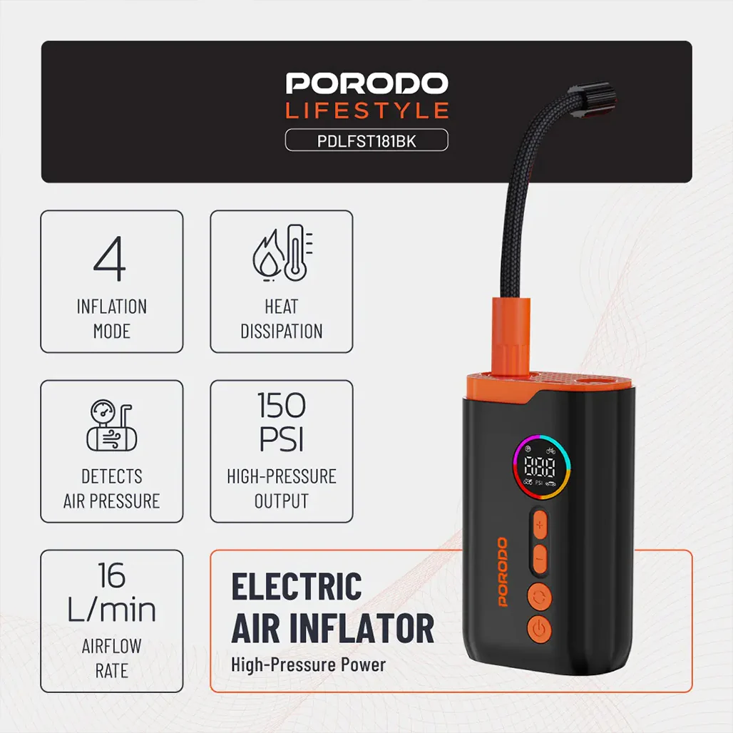 Porodo Lifestyle Electric Air Inflator - Black - Image 3