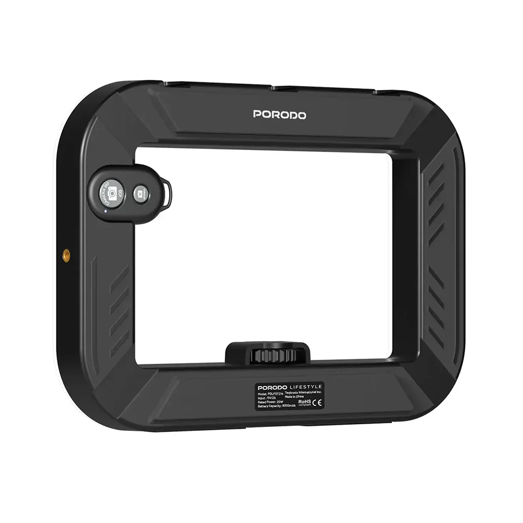 Porodo Lifestyle Handheld Ring Grip Camera & phone vlogging light with Desktop support & Phone clamp - Black - Image 2