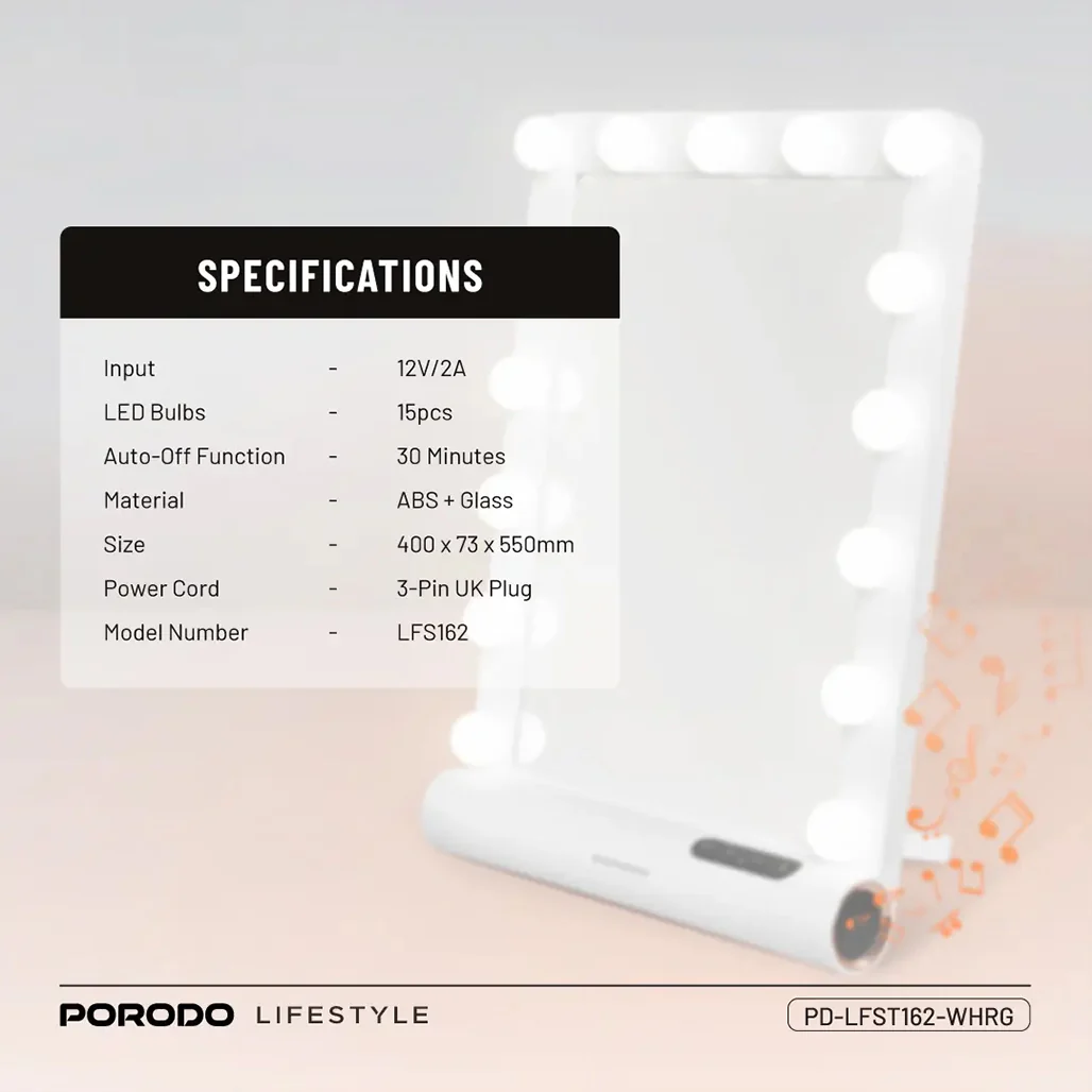 Porodo Lifestyle Hollywood Vanity Lighted Mirror - White/Rose Gold - Image 2