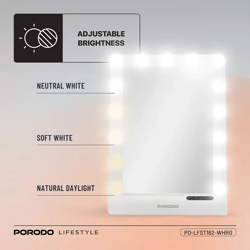Porodo Lifestyle Hollywood Vanity Lighted Mirror - White/Rose Gold - Image 3
