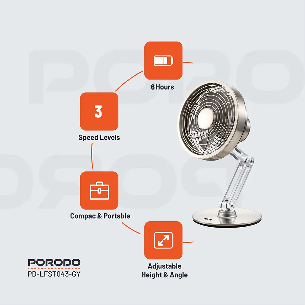 Porodo Lifestyle Metal Desk Fan - Gray | Compact, Rechargeable, and Adjustable Cooling Solution - Image 2