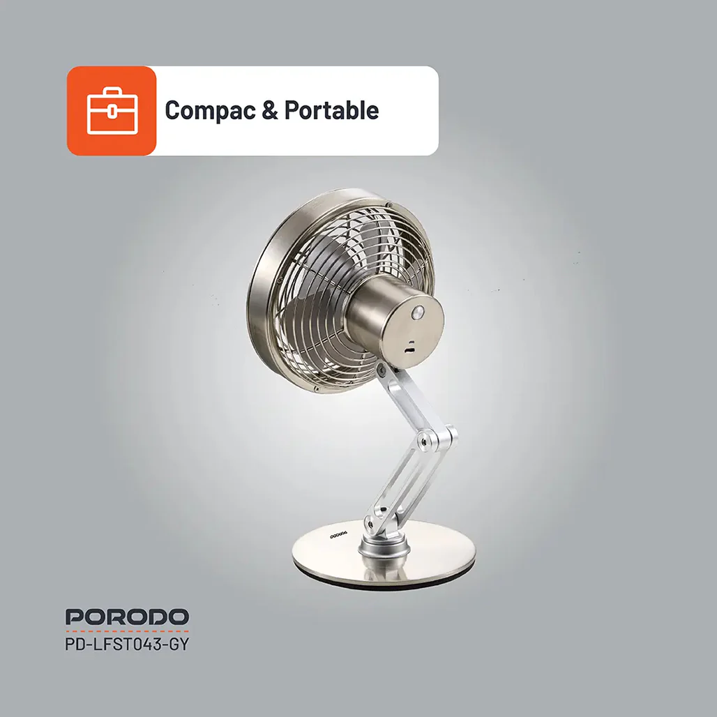 Porodo Lifestyle Metal Desk Fan - Gray | Compact, Rechargeable, and Adjustable Cooling Solution - Image 5