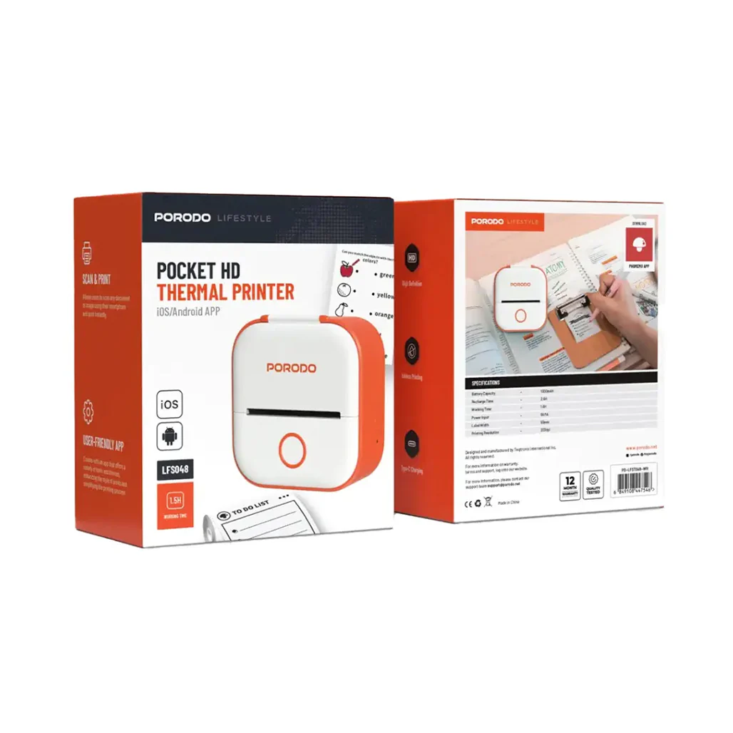 Porodo Lifestyle Pocket HD Thermal Printer – Portable, High-Resolution, Rechargeable (White/Orange) - Image 3