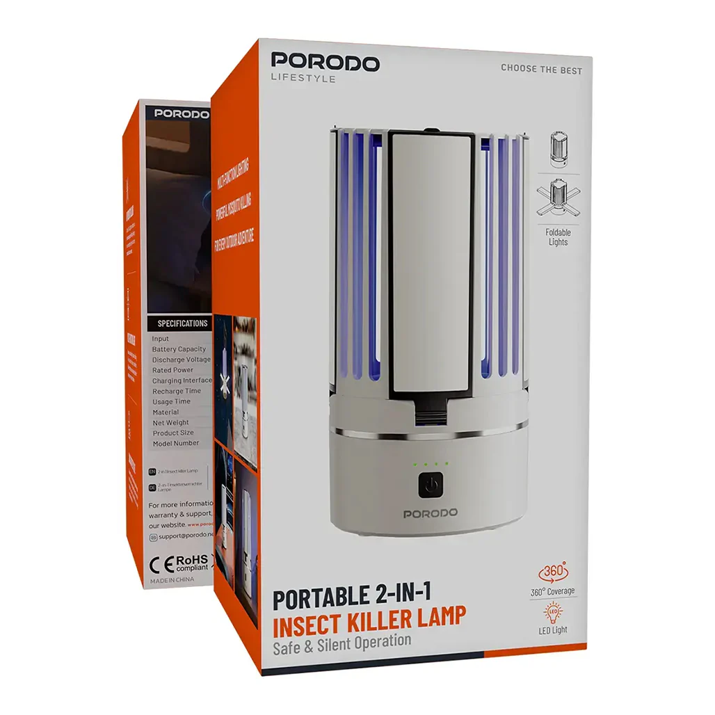 Porodo Lifestyle Portable 2-in-1 Insect Killer Lamp with Safe & Silent Operation - White - Image 2