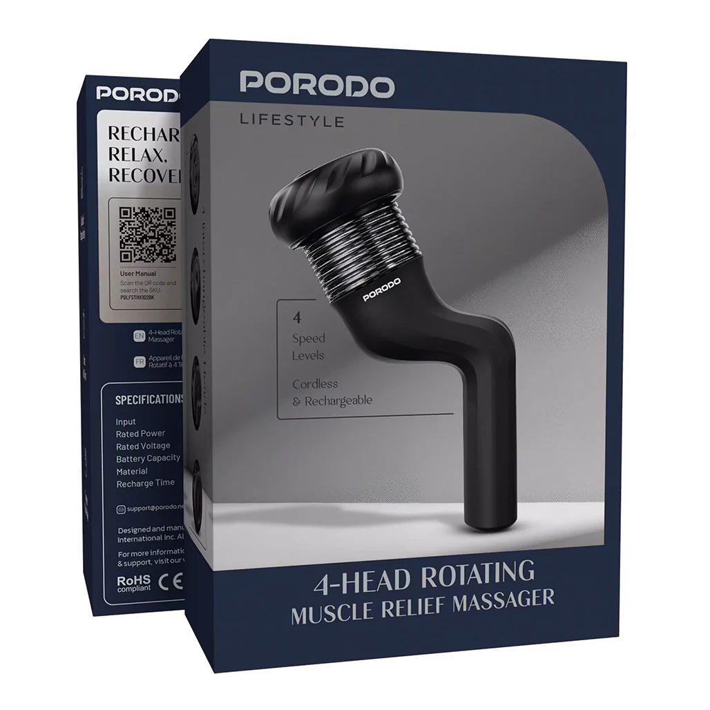 Porodo Lifestyle Portable Handheld Multi-Speed Rotating massager with 4 heads- Black - Image 4